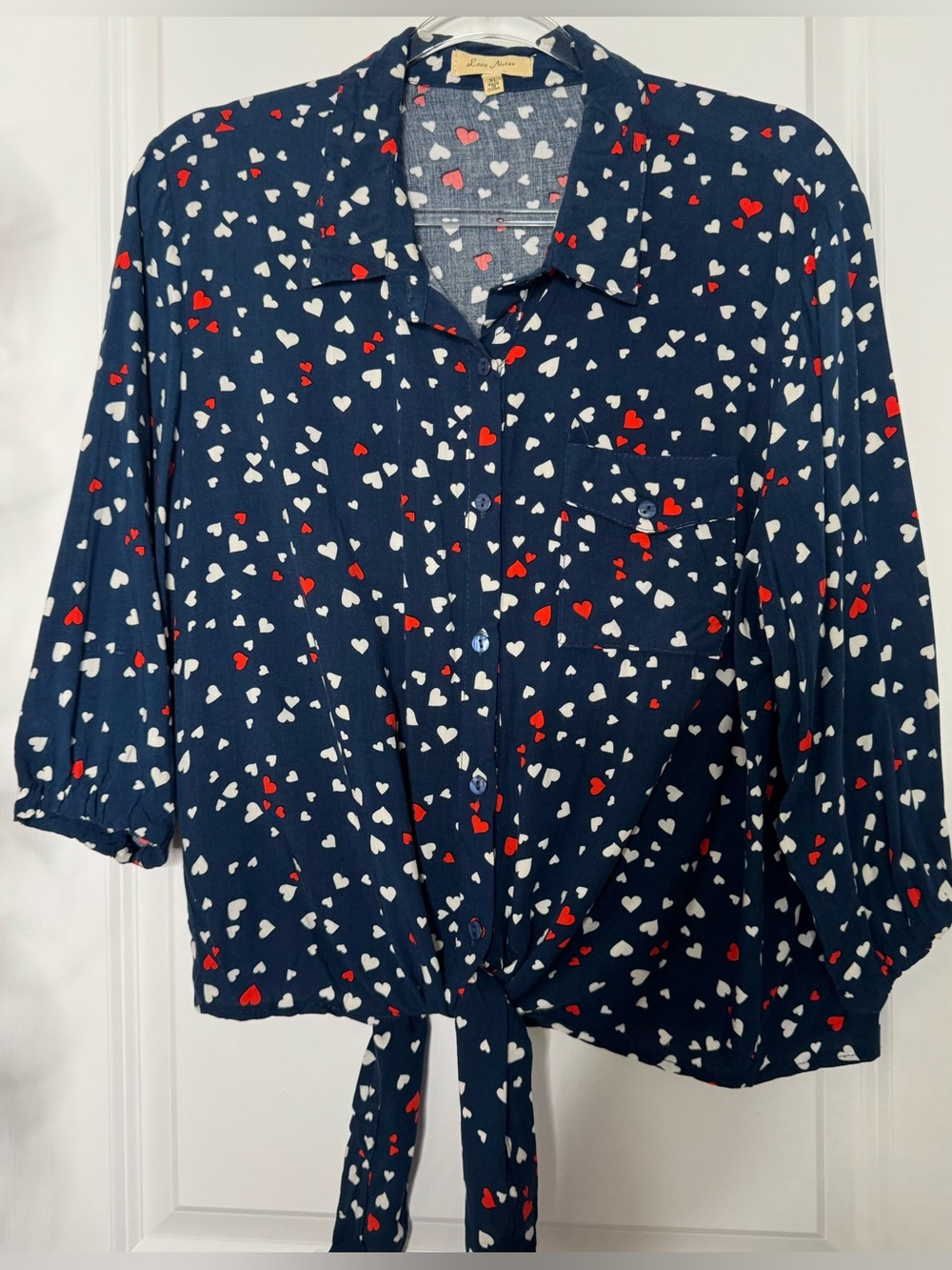 Love Notes Navy Button-Front Heart Print Tie Hem Shirt size xl love romance
